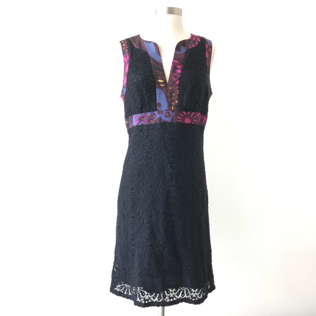 Trina Turk Black Crochet Silk Print Trim Dress